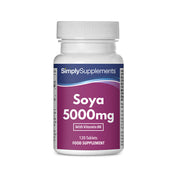 Frasco de suplemento con la etiqueta «Soja 5000mg Simply Supplements», de color rosa sobre fondo blanco.