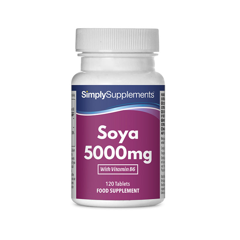 Frasco de suplemento con la etiqueta «Soja 5000mg Simply Supplements», de color rosa sobre fondo blanco.