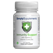Frasco de suplemento con la etiqueta «Soporte Inmunitario con Vitamina C, Vitamina D y Zinc Simply Supplements», de color blanco sobre fondo blanco.