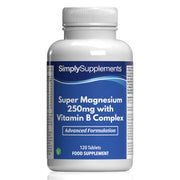 Frasco de suplemento con la etiqueta «Super Magnesio 250mg con Complejo de Vitamina B Simply Supplements», de color azul sobre fondo blanco.