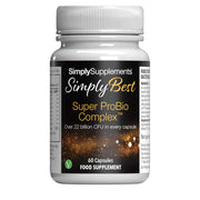Frasco de suplemento con la etiqueta «Super ProBio Complex Simply Supplements», de color negro sobre fondo blanco.