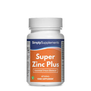 Frasco de suplemento con la etiqueta «Super Zinc Plus Simply Supplements», de color naranja  sobre fondo blanco.