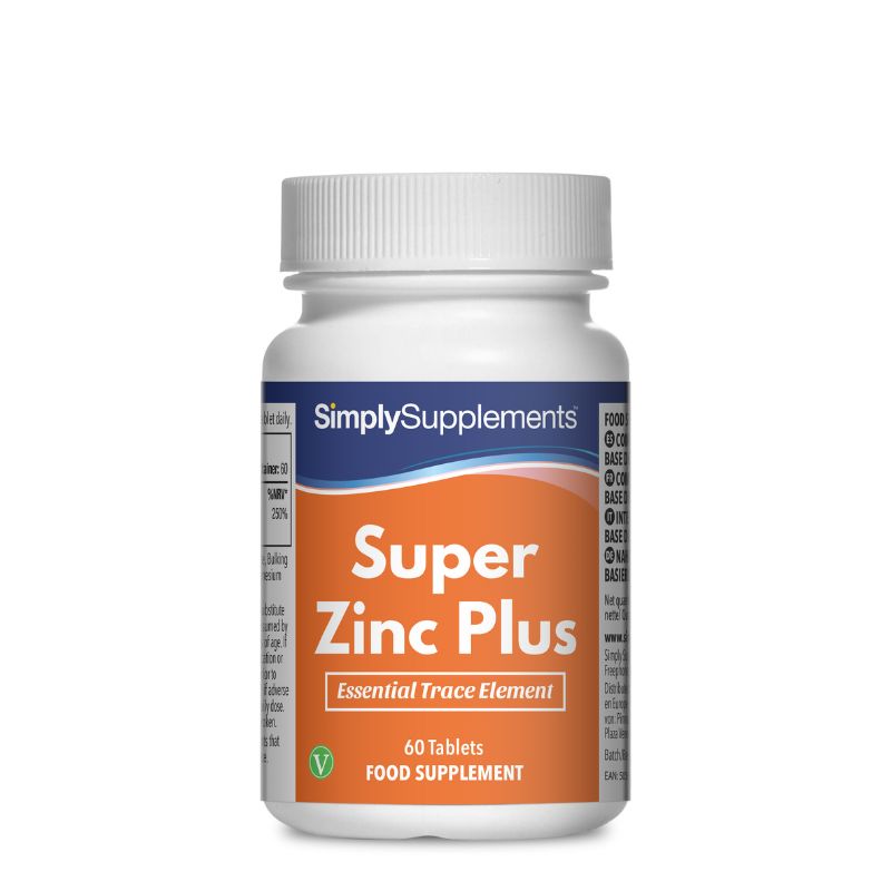 Frasco de suplemento con la etiqueta «Super Zinc Plus Simply Supplements», de color naranja  sobre fondo blanco.