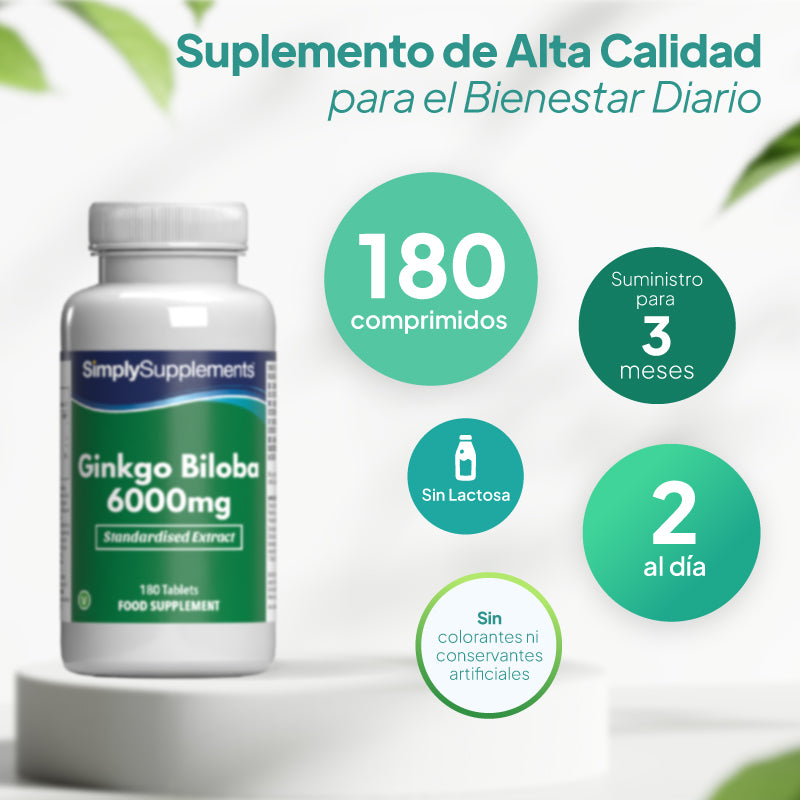 Un frasco del complemento alimenticio «Ginkgo Biloba 6000 mg» de SimplySupplements, colocado sobre un pedestal blanco, con texto promocional en español y recuadros circulares en los que se indican la cantidad, la duración, que no contiene lactosa y la dosis diaria.
