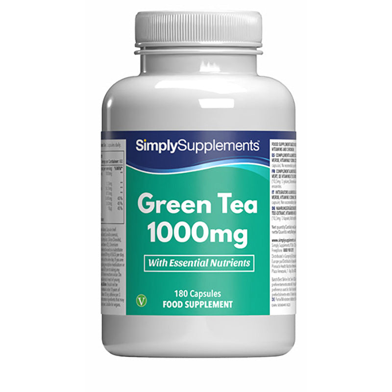 Frasco de suplemento con la etiqueta «Té Verde 1000mg Simply Supplements», de color verde sobre fondo blanco.