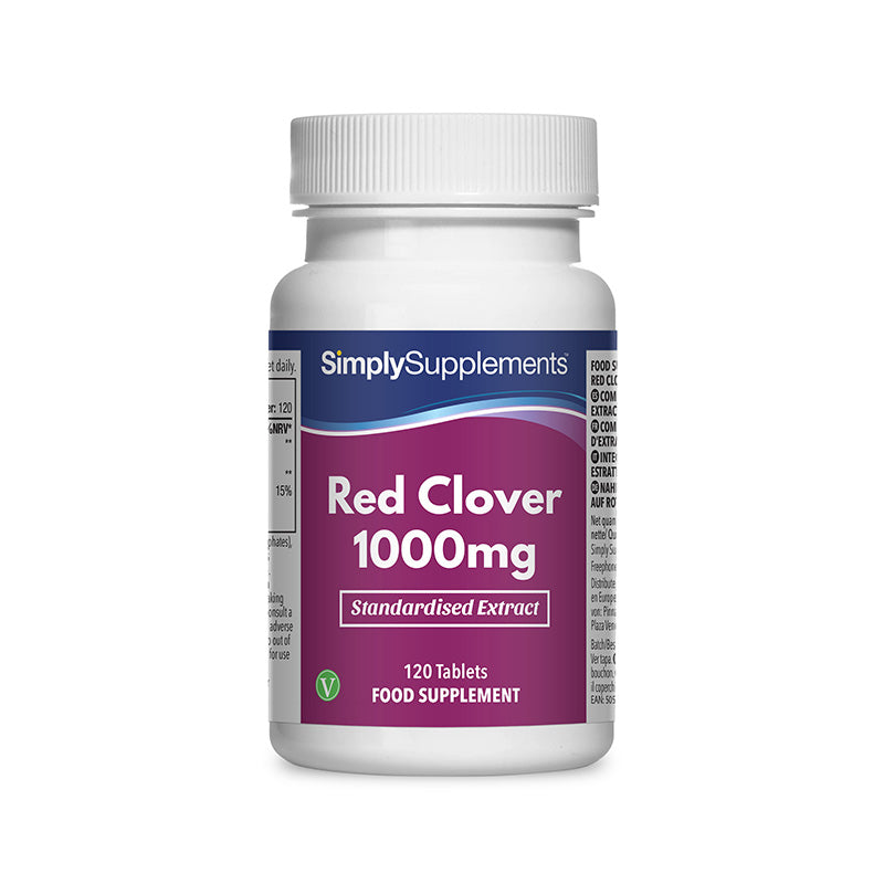 Frasco de suplemento con la etiqueta «Trébol Rojo 1000mg Simply Supplements», de color rosa  sobre fondo blanco.