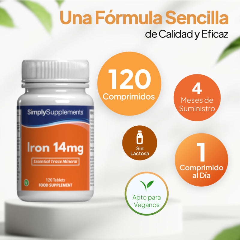 Un frasco del complemento alimenticio «SimplySupplements Iron 14 mg» sobre un pedestal blanco, con texto promocional en español y recuadros circulares en los que se indica que contiene 120 comprimidos, que es un suministro para 4 meses, que se toma un comprimido al día y que es apto para veganos.