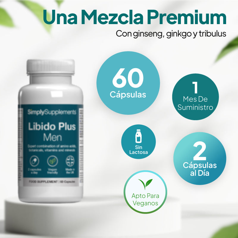 Un frasco blanco del complemento alimenticio «Libido Plus Men» de SimplySupplements sobre un pedestal blanco, rodeado de etiquetas promocionales de color verde azulado y verde con texto en español: 60 cápsulas, suministro para 1 mes, 2 cápsulas al día y apto para veganos.