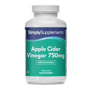 Frasco de suplemento con la etiqueta «Vinagre de Manzana 750 mg Simply Supplements», de color verde sobre fondo blanco.