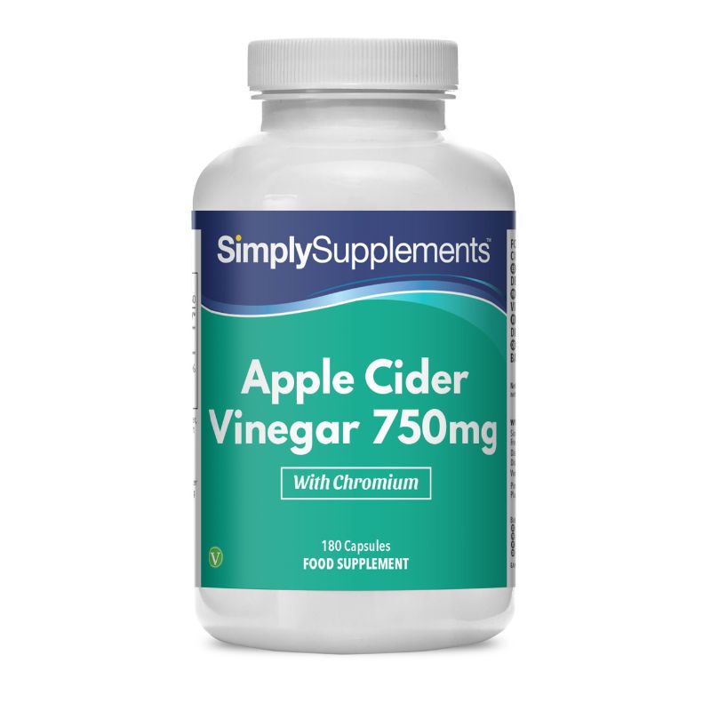 Frasco de suplemento con la etiqueta «Vinagre de Manzana 750 mg Simply Supplements», de color verde sobre fondo blanco.