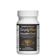 Frasco de suplemento con la etiqueta «Visualex Gold Simply Supplements», de color negro sobre fondo blanco.