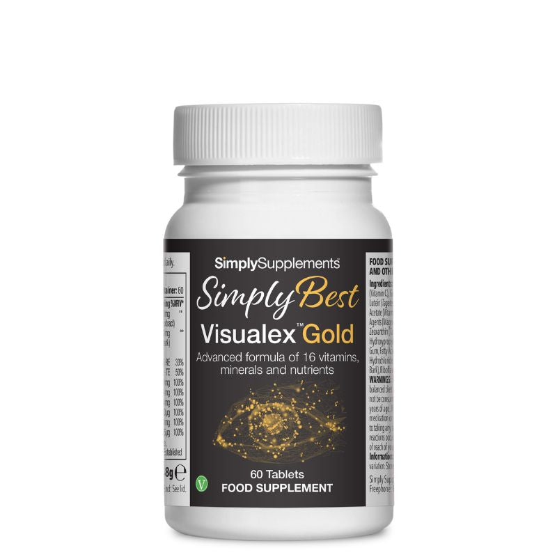 Frasco de suplemento con la etiqueta «Visualex Gold Simply Supplements», de color negro sobre fondo blanco.