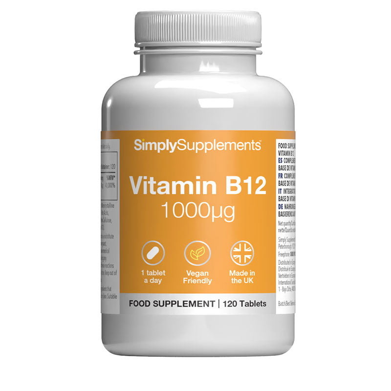 Frasco de suplemento con la etiqueta «Vitamina B12 1000mch Simply Supplements», de color amarillo sobre fondo blanco.