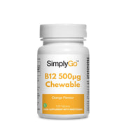 Frasco de suplemento con la etiqueta «Vitamina B12 500µg Masticable Simply Supplements», de color amarillo sobre fondo blanco.