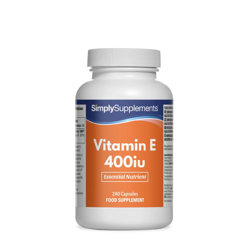 Frasco de suplemento con la etiqueta «Vitamina E 400iu Simply Supplements», de color naranja sobre fondo blanco.