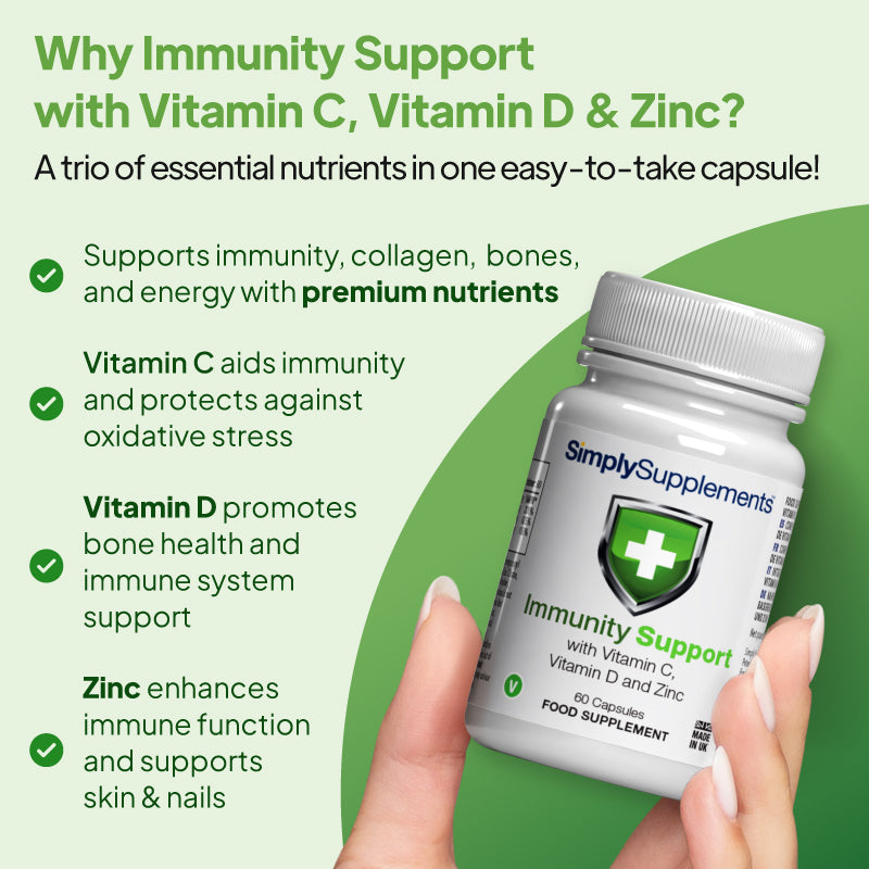 Immunity Support with Vitamin C, Vitamin D & Zinc supports immunity, collagen, bones and energy.