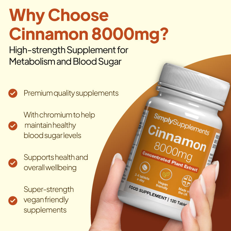 Simply Supplements Cinnamon 8000mg image highlighting premium quality supplement, with chromium to help maintain healthy blood sugar levels and support health and overall wellbeing