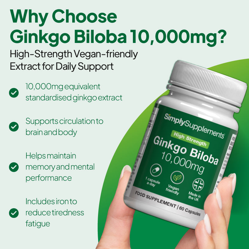 Simply Supplements Ginkgo Biloba 10,000mg supplement graphic highlighting standardised ginkgo extract equivalent to 10,000mg, support for circulation to brain and body, help to maintain memory and mental performance, and added iron to reduce tiredness and fatigue.