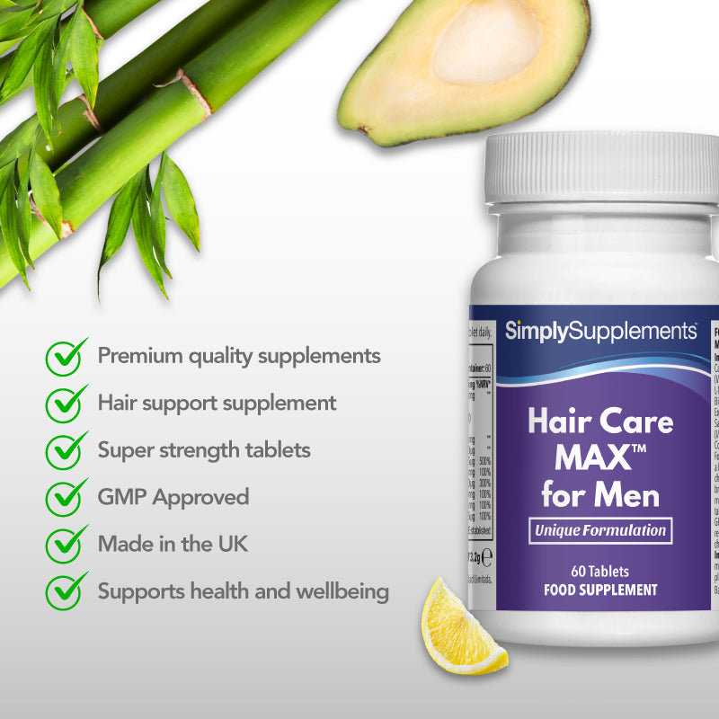 Product feature graphic for Simply Supplements Hair Care MAX for Men, showing a close-up of the bottle on a light background with bamboo, avocado and lemon, alongside a checklist noting premium quality supplements, hair support supplement, super strength tablets, GMP approval, manufacture in the UK, and support for health and wellbeing.