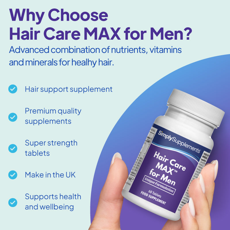 Product feature graphic for Simply Supplements Hair Care MAX for Men, showing a close-up of the bottle on a light background with bamboo, avocado and lemon, alongside a checklist noting premium quality supplements, hair support supplement, super strength tablets, GMP approval, manufacture in the UK, and support for health and wellbeing.