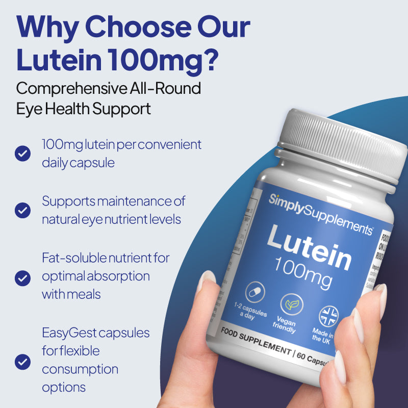 Simply Supplements Lutein 100mg supplement graphic highlighting 100mg lutein per daily capsule, support for maintenance of natural eye nutrient levels, fat-soluble absorption with meals, and EasyGest capsules for flexible consumption options.