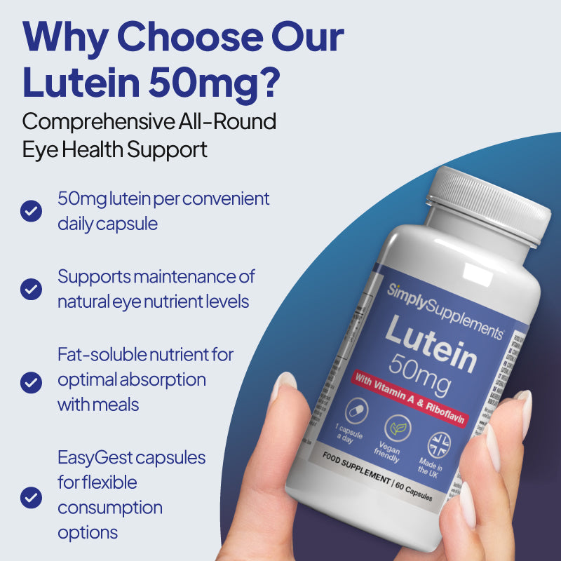 Simply Supplements Lutein 50mg supplement graphic highlighting 50mg lutein per daily capsule, support for maintenance of natural eye nutrient levels, fat-soluble absorption with meals, and EasyGest capsules for flexible consumption options.