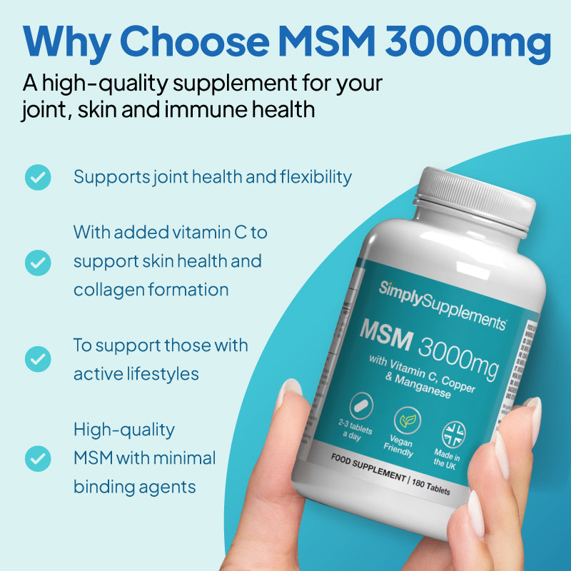 Simply Supplements MSM 3000mg with vitamin C, copper and manganese bottle, promoting joint health, skin health, collagen formation, immune support and high-quality vegan food supplement benefits.