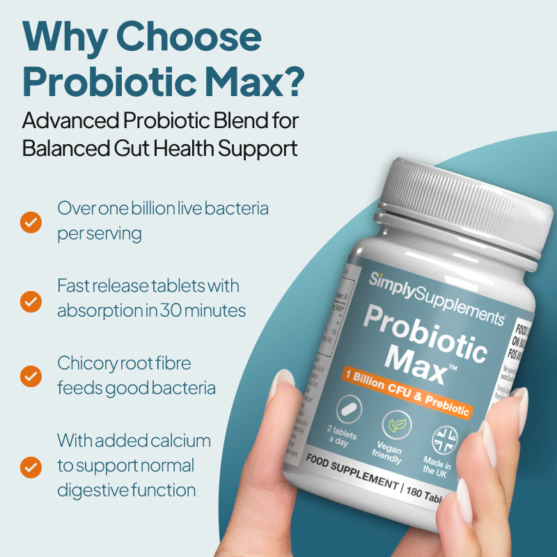 Simply Supplements Probiotic Max supplement graphic highlighting over 1 billion live bacteria per serving, dual-action prebiotic formula, chicory root fibre and calcium for normal digestive function.