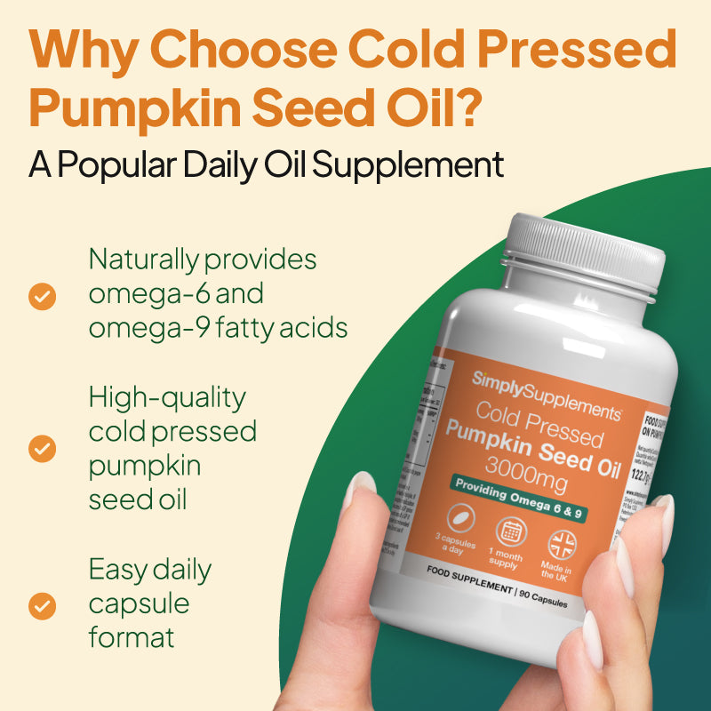 Product feature graphic for SimplySupplements Cold Pressed Pumpkin Seed Oil 3000mg, showing the bottle tilted against a beige background with a large green curved shape, under the heading “Why Choose Cold Pressed Pumpkin Seed Oil?” and bullet points highlighting naturally occurring omega-6 and omega-9 fatty acids, high-quality cold pressed pumpkin seed oil, and an easy daily capsule format.