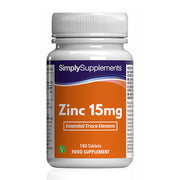 Frasco de suplemento con la etiqueta «Zinc 15mg Simply Supplements», de color naranja sobre fondo blanco.