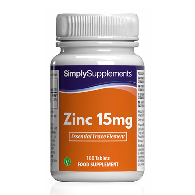 Frasco de suplemento con la etiqueta «Zinc 15mg Simply Supplements», de color naranja sobre fondo blanco.